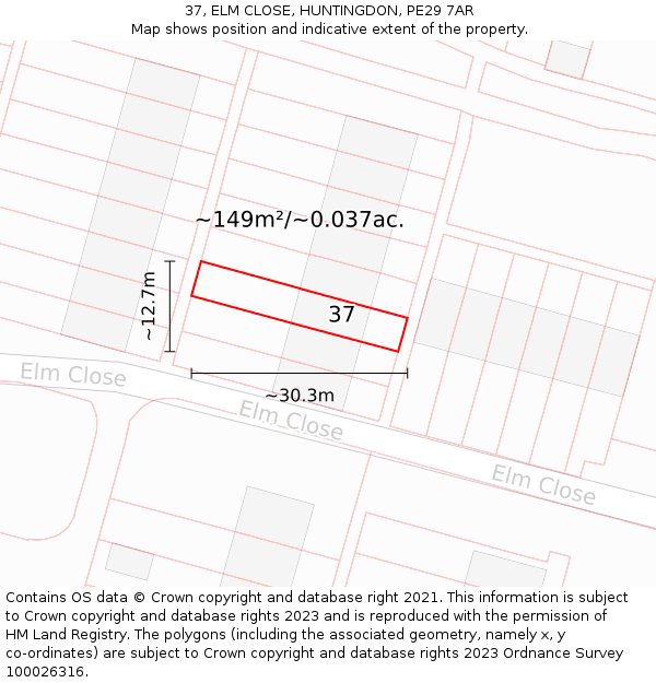37, ELM CLOSE, HUNTINGDON, PE29 7AR: Plot and title map