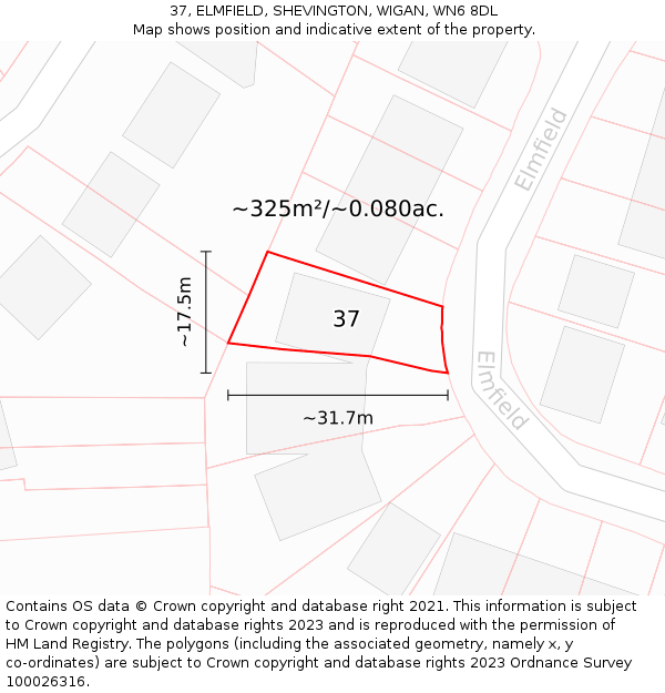 37, ELMFIELD, SHEVINGTON, WIGAN, WN6 8DL: Plot and title map