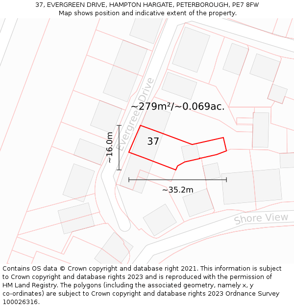 37, EVERGREEN DRIVE, HAMPTON HARGATE, PETERBOROUGH, PE7 8FW: Plot and title map