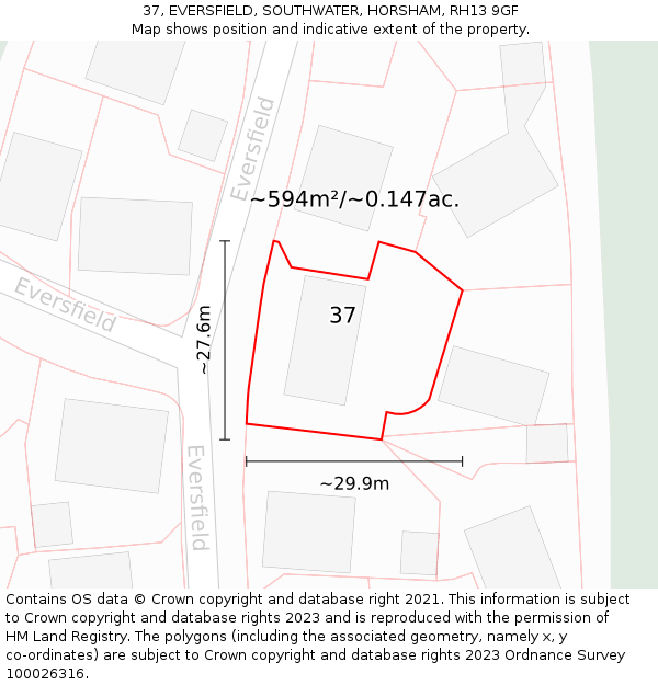 37, EVERSFIELD, SOUTHWATER, HORSHAM, RH13 9GF: Plot and title map
