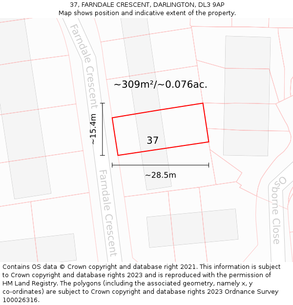 37, FARNDALE CRESCENT, DARLINGTON, DL3 9AP: Plot and title map