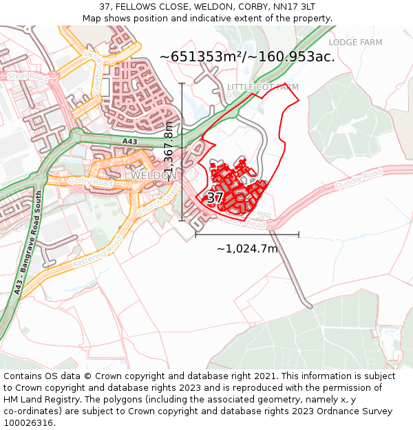 37, FELLOWS CLOSE, WELDON, CORBY, NN17 3LT: Plot and title map