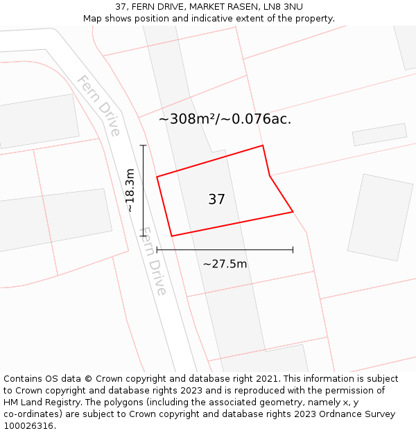 37, FERN DRIVE, MARKET RASEN, LN8 3NU: Plot and title map