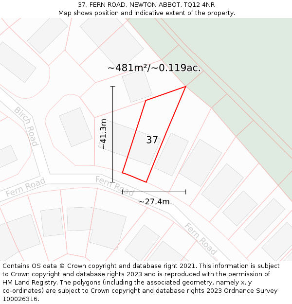 37, FERN ROAD, NEWTON ABBOT, TQ12 4NR: Plot and title map