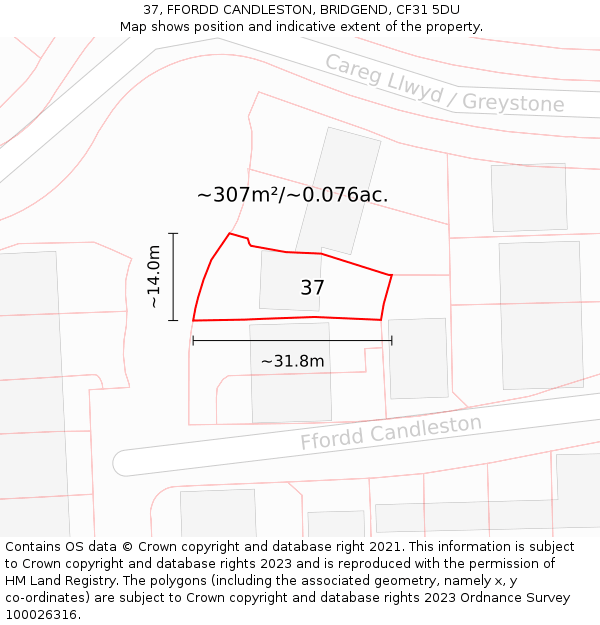 37, FFORDD CANDLESTON, BRIDGEND, CF31 5DU: Plot and title map