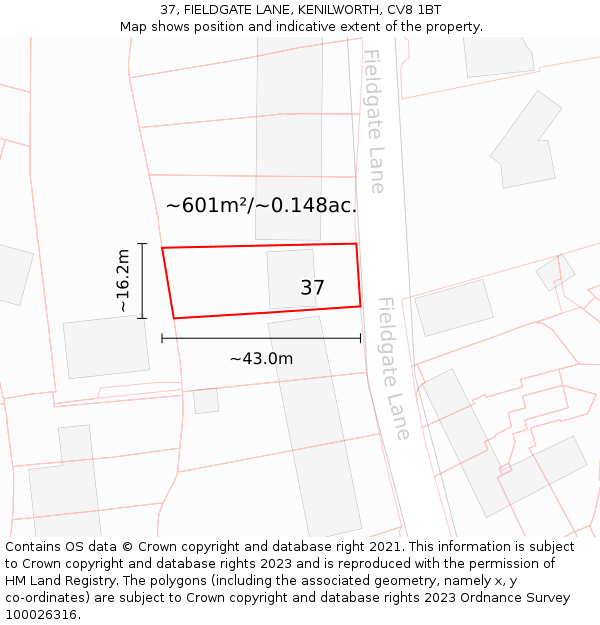 37, FIELDGATE LANE, KENILWORTH, CV8 1BT: Plot and title map