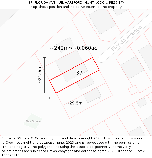 37, FLORIDA AVENUE, HARTFORD, HUNTINGDON, PE29 1PY: Plot and title map