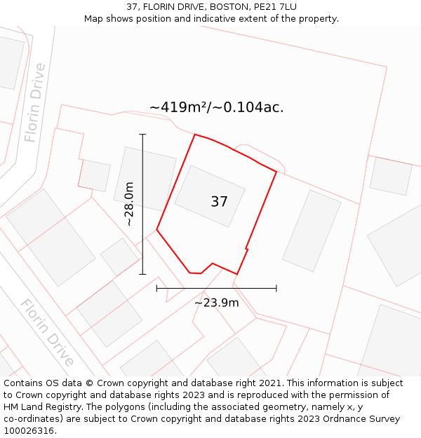 37, FLORIN DRIVE, BOSTON, PE21 7LU: Plot and title map