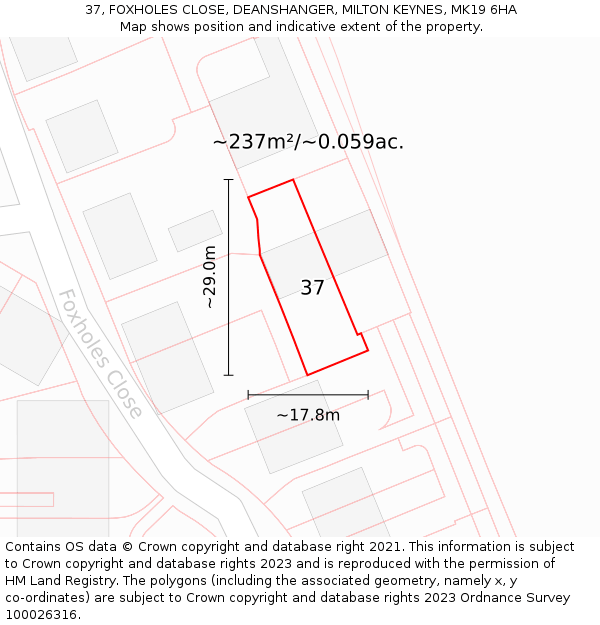 37, FOXHOLES CLOSE, DEANSHANGER, MILTON KEYNES, MK19 6HA: Plot and title map