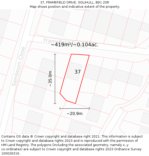 37, FRAMEFIELD DRIVE, SOLIHULL, B91 2SR: Plot and title map