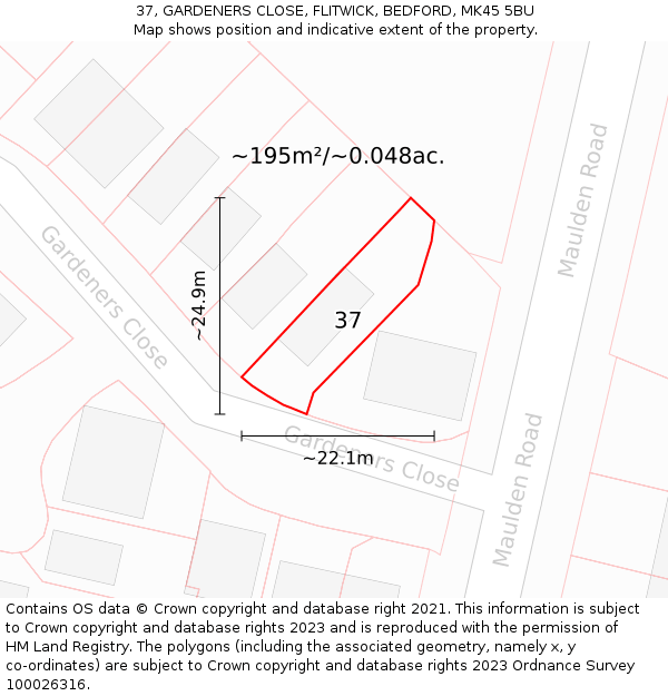 37, GARDENERS CLOSE, FLITWICK, BEDFORD, MK45 5BU: Plot and title map