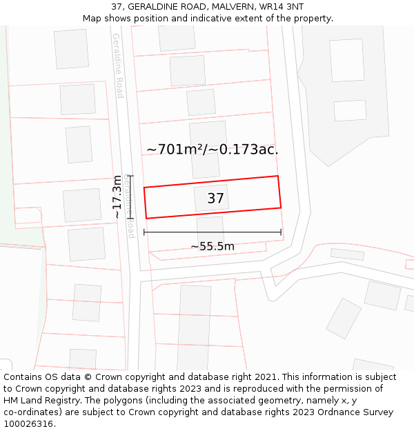 37, GERALDINE ROAD, MALVERN, WR14 3NT: Plot and title map