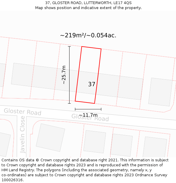 37, GLOSTER ROAD, LUTTERWORTH, LE17 4QS: Plot and title map