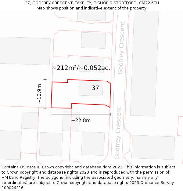 37, GODFREY CRESCENT, TAKELEY, BISHOP'S STORTFORD, CM22 6FU: Plot and title map