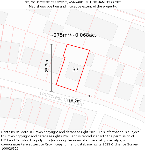 37, GOLDCREST CRESCENT, WYNYARD, BILLINGHAM, TS22 5FT: Plot and title map