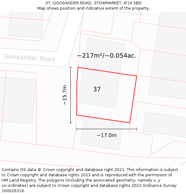 37, GOOSANDER ROAD, STOWMARKET, IP14 5BD: Plot and title map
