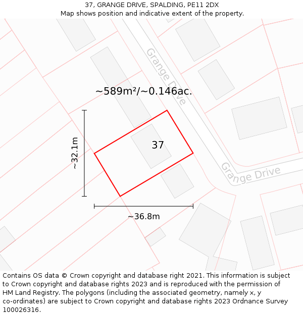 37, GRANGE DRIVE, SPALDING, PE11 2DX: Plot and title map