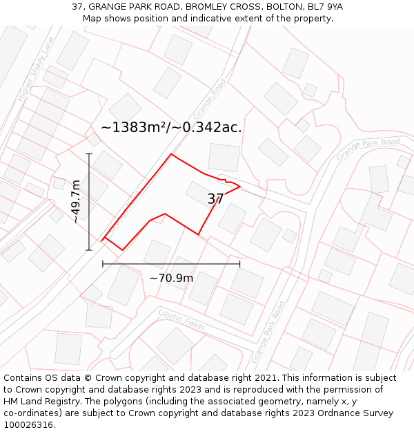 37, GRANGE PARK ROAD, BROMLEY CROSS, BOLTON, BL7 9YA: Plot and title map