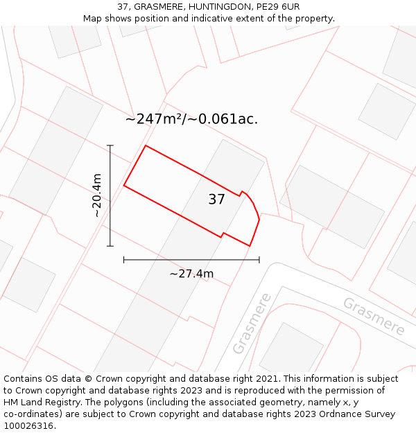 37, GRASMERE, HUNTINGDON, PE29 6UR: Plot and title map
