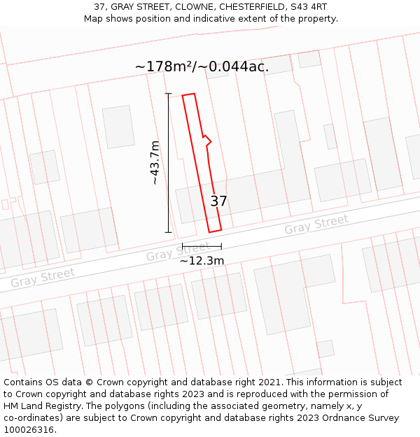 37, GRAY STREET, CLOWNE, CHESTERFIELD, S43 4RT: Plot and title map
