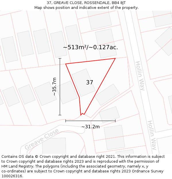 37, GREAVE CLOSE, ROSSENDALE, BB4 8JT: Plot and title map