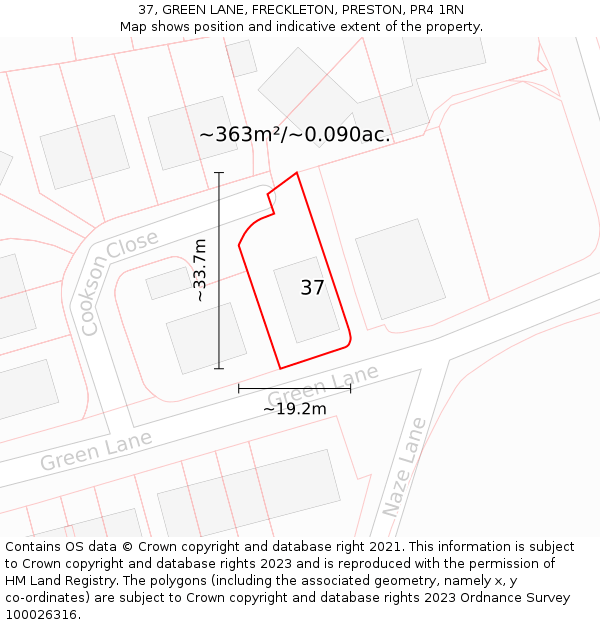 37, GREEN LANE, FRECKLETON, PRESTON, PR4 1RN: Plot and title map