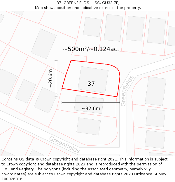 37, GREENFIELDS, LISS, GU33 7EJ: Plot and title map