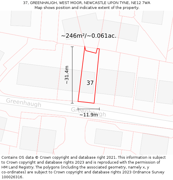 37, GREENHAUGH, WEST MOOR, NEWCASTLE UPON TYNE, NE12 7WA: Plot and title map