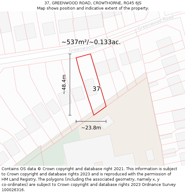 37, GREENWOOD ROAD, CROWTHORNE, RG45 6JS: Plot and title map