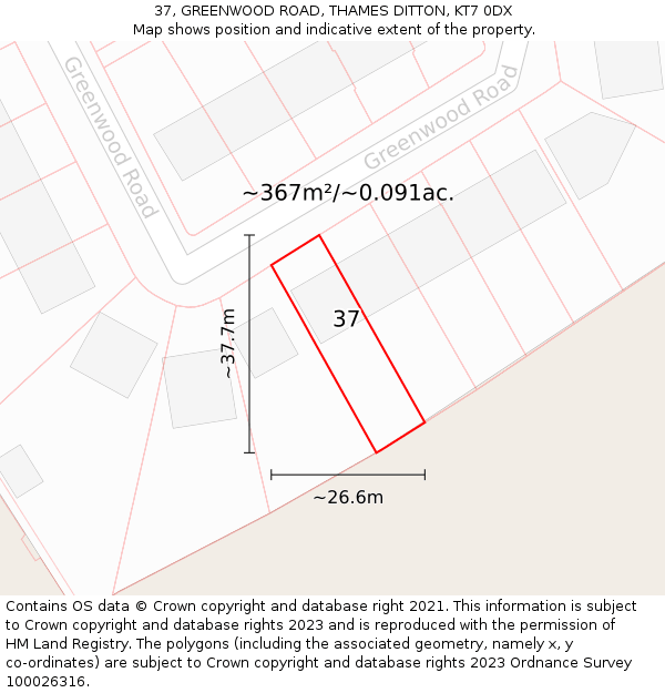 37, GREENWOOD ROAD, THAMES DITTON, KT7 0DX: Plot and title map