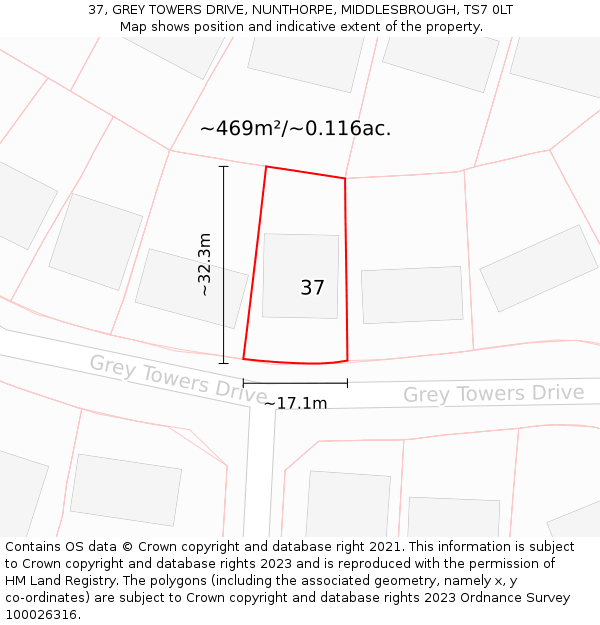 37, GREY TOWERS DRIVE, NUNTHORPE, MIDDLESBROUGH, TS7 0LT: Plot and title map
