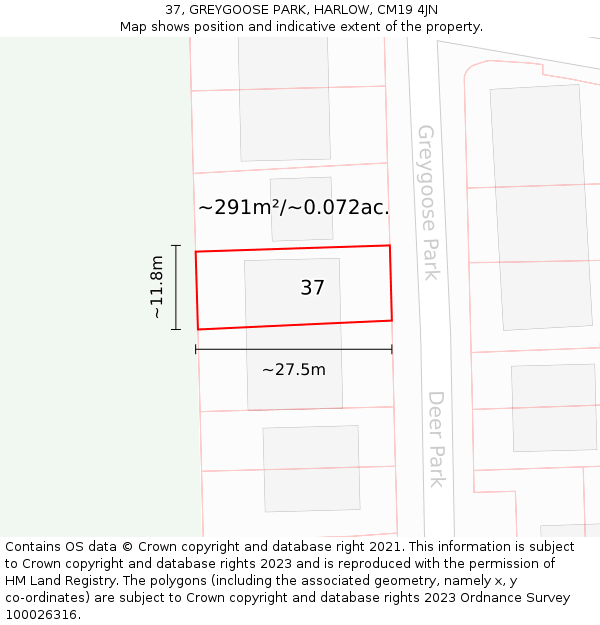 37, GREYGOOSE PARK, HARLOW, CM19 4JN: Plot and title map