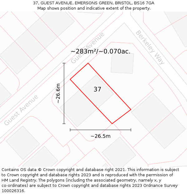 37, GUEST AVENUE, EMERSONS GREEN, BRISTOL, BS16 7GA: Plot and title map