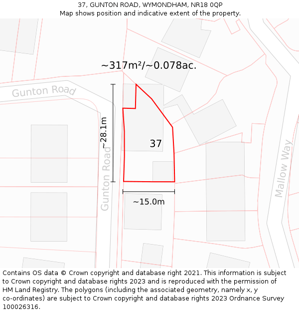37, GUNTON ROAD, WYMONDHAM, NR18 0QP: Plot and title map