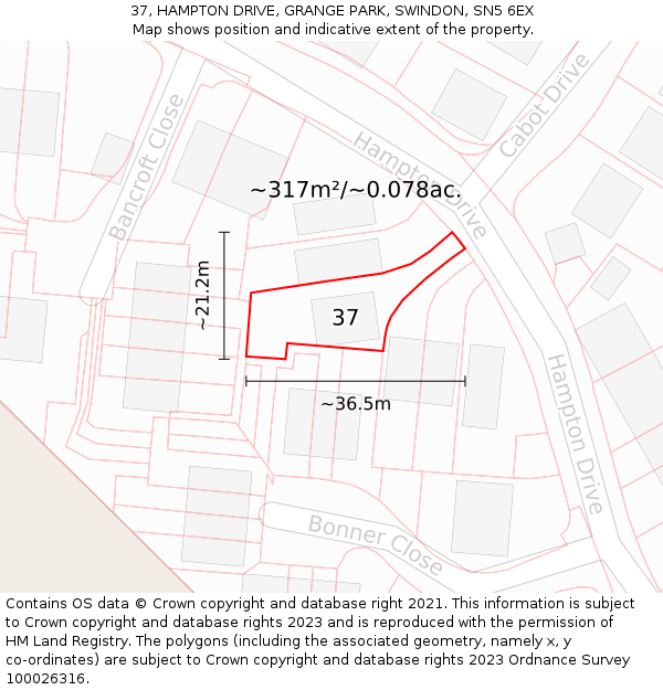 37, HAMPTON DRIVE, GRANGE PARK, SWINDON, SN5 6EX: Plot and title map