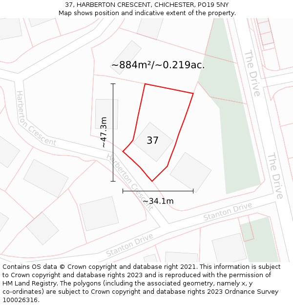 37, HARBERTON CRESCENT, CHICHESTER, PO19 5NY: Plot and title map