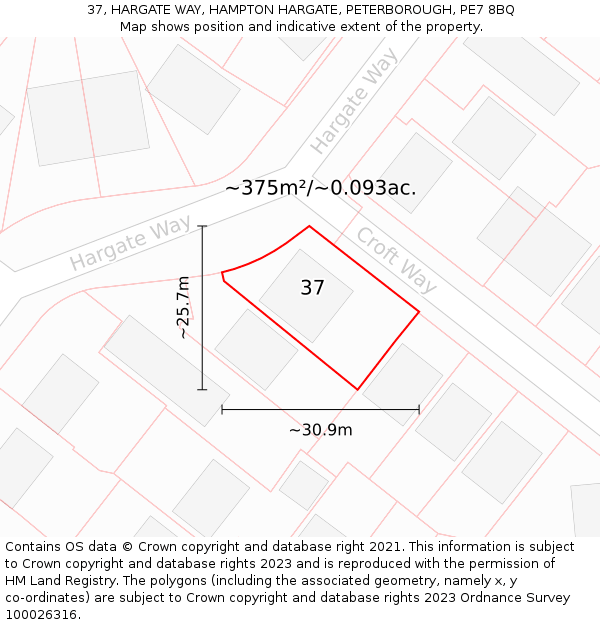 37, HARGATE WAY, HAMPTON HARGATE, PETERBOROUGH, PE7 8BQ: Plot and title map
