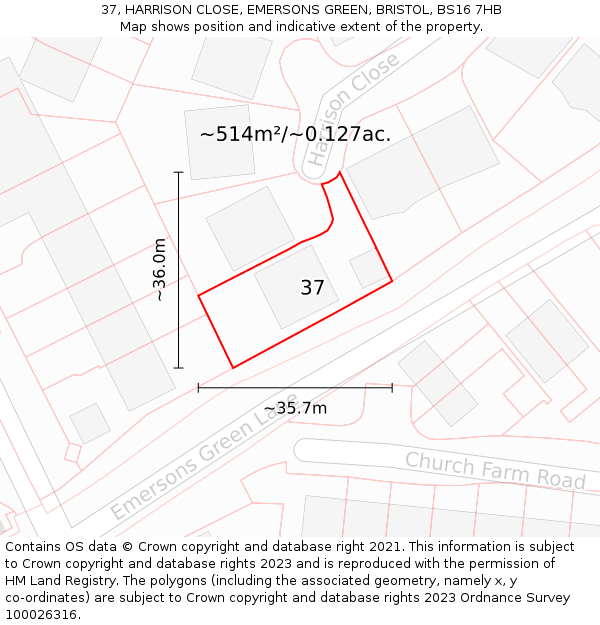 37, HARRISON CLOSE, EMERSONS GREEN, BRISTOL, BS16 7HB: Plot and title map