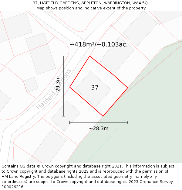 37, HATFIELD GARDENS, APPLETON, WARRINGTON, WA4 5QL: Plot and title map