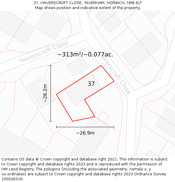 37, HAVERSCROFT CLOSE, TAVERHAM, NORWICH, NR8 6LT: Plot and title map