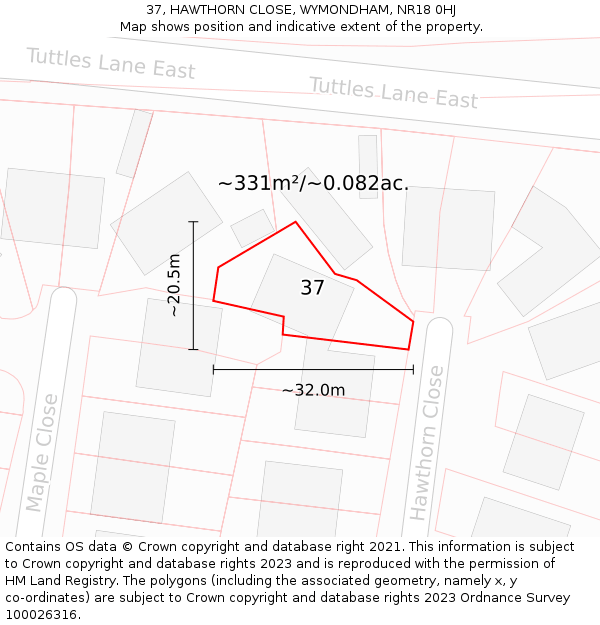 37, HAWTHORN CLOSE, WYMONDHAM, NR18 0HJ: Plot and title map