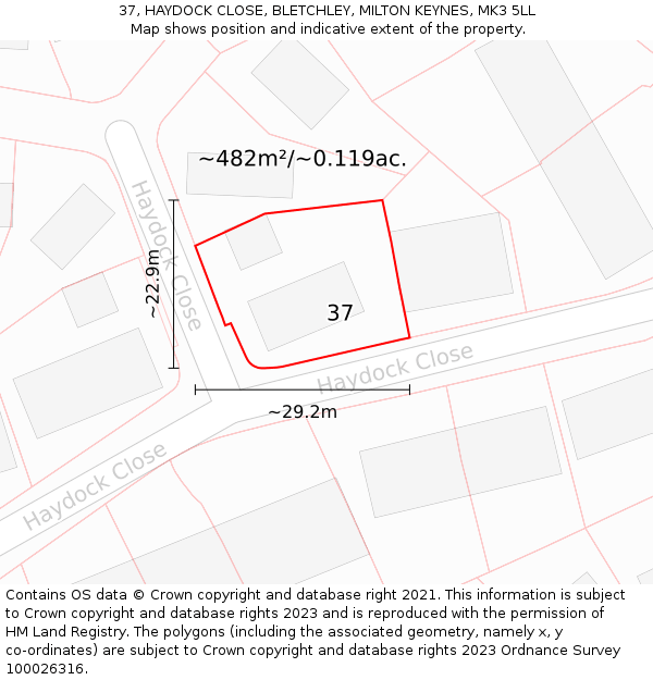 37, HAYDOCK CLOSE, BLETCHLEY, MILTON KEYNES, MK3 5LL: Plot and title map