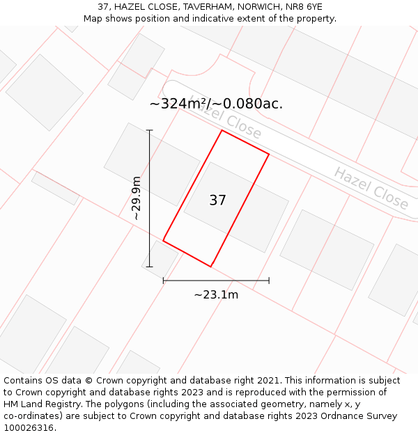 37, HAZEL CLOSE, TAVERHAM, NORWICH, NR8 6YE: Plot and title map