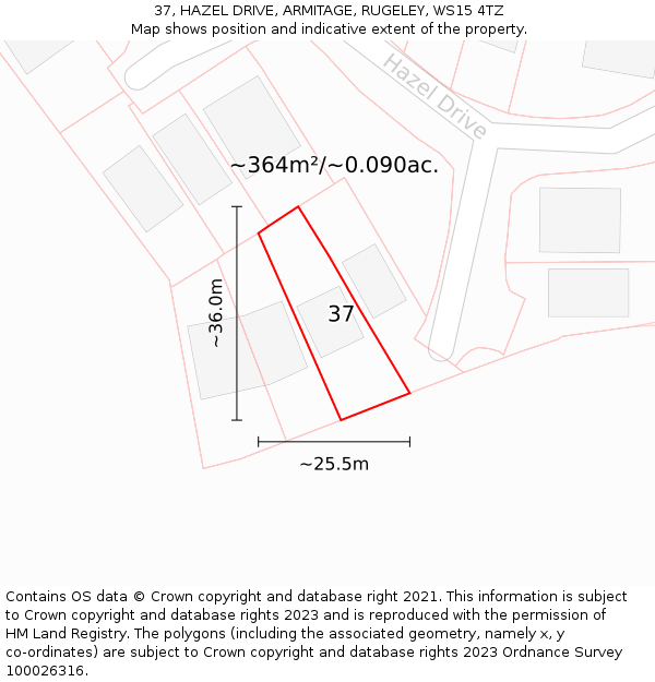 37, HAZEL DRIVE, ARMITAGE, RUGELEY, WS15 4TZ: Plot and title map
