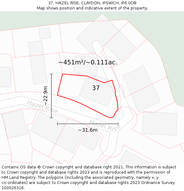 37, HAZEL RISE, CLAYDON, IPSWICH, IP6 0DB: Plot and title map