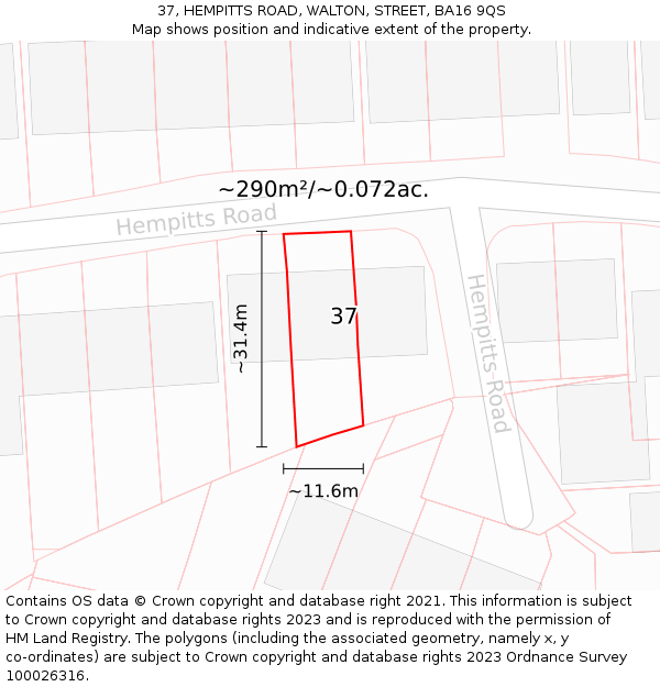 37, HEMPITTS ROAD, WALTON, STREET, BA16 9QS: Plot and title map