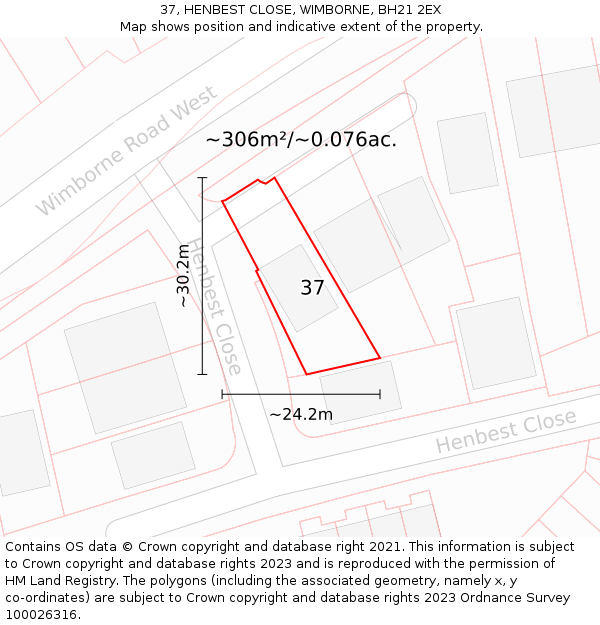 37, HENBEST CLOSE, WIMBORNE, BH21 2EX: Plot and title map