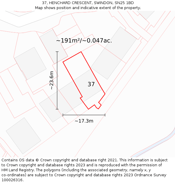 37, HENCHARD CRESCENT, SWINDON, SN25 1BD: Plot and title map