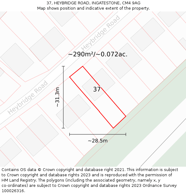 37, HEYBRIDGE ROAD, INGATESTONE, CM4 9AG: Plot and title map