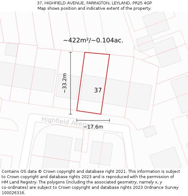 37, HIGHFIELD AVENUE, FARINGTON, LEYLAND, PR25 4GP: Plot and title map